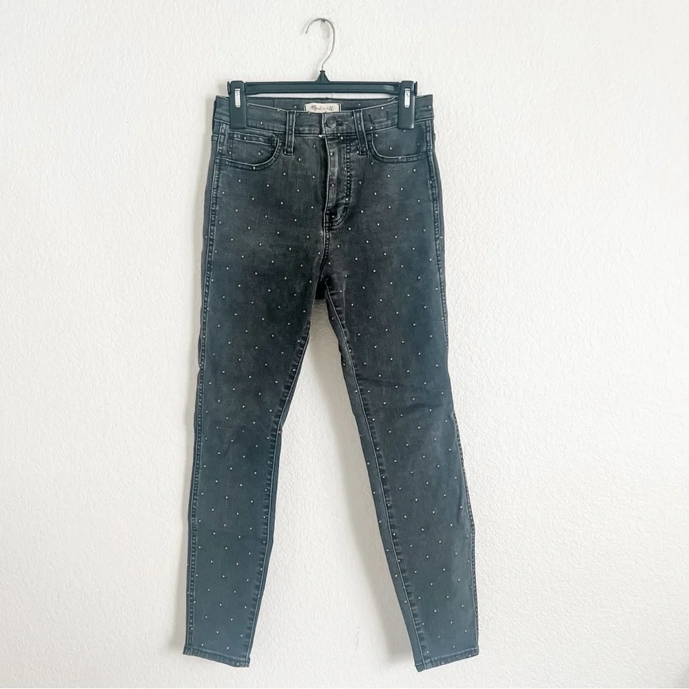 Madewell 26 Waist Black Skinny Jeans with Gold Embroidered Polka Dots 10” Rise